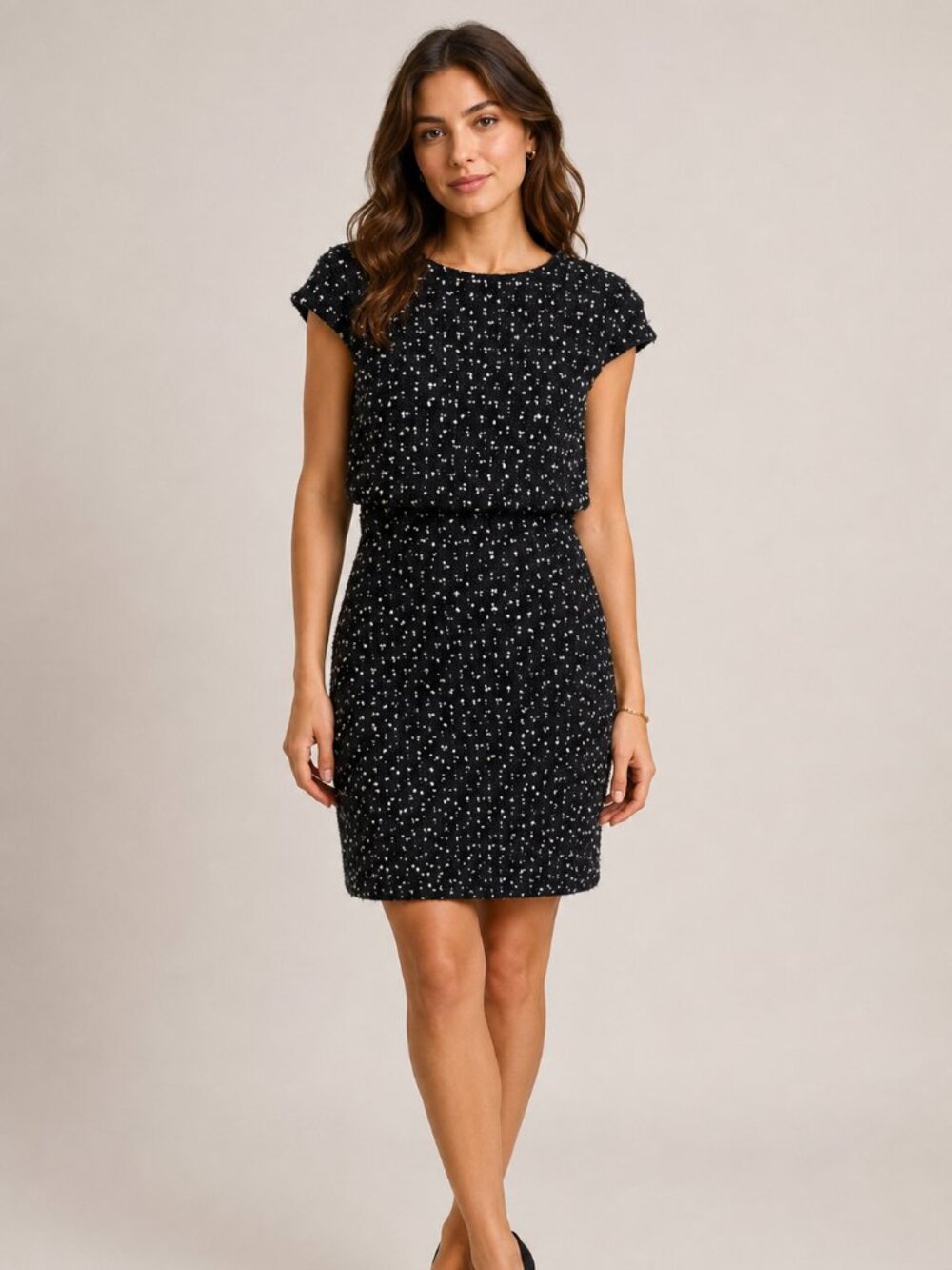 J.Crew Black White Tweed Sheath Dress Size 2 | Bouclé Textured Cap Sleeve Career